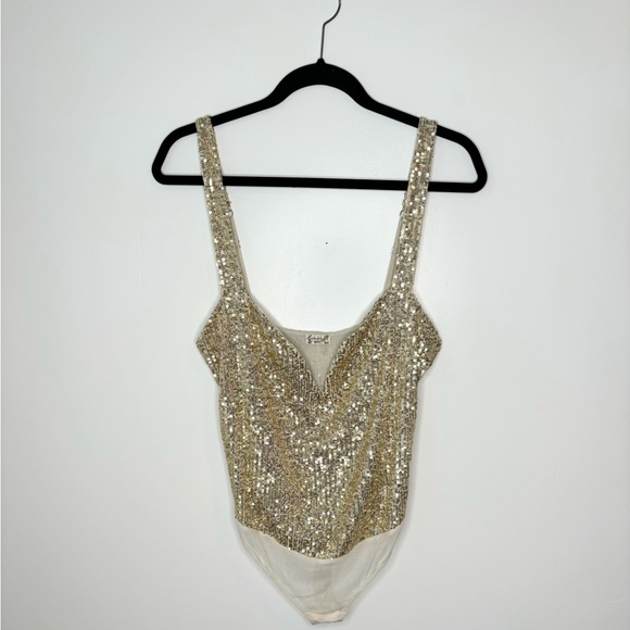 INTIMATELY FREE PEOPLE Sparks Fly Iridescent Gold Shimmery Sequin Bodysuit SizeL - Picture 12 of 14